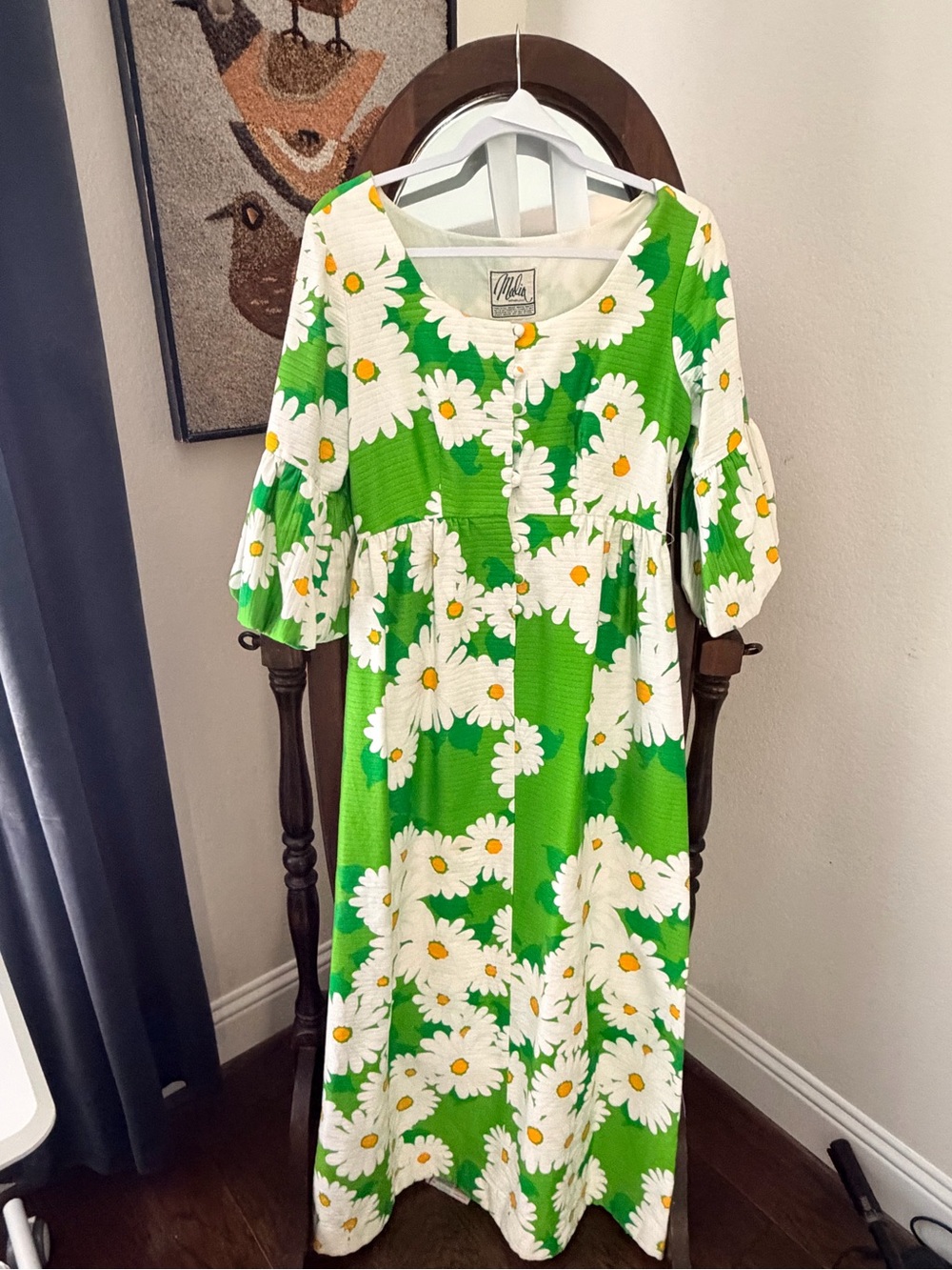 Vintage 1960s/70s Malia Honolulu Green Daisy Maxi Dress